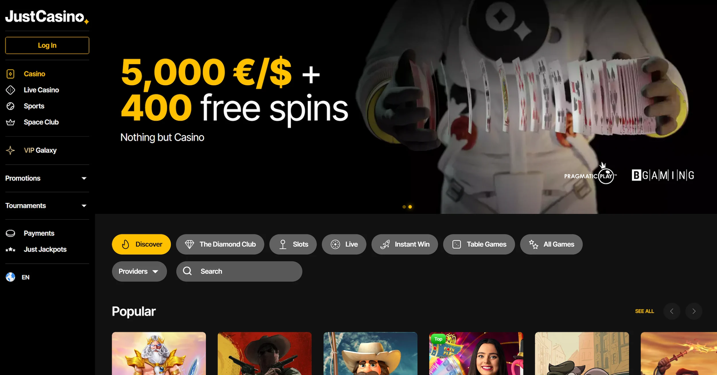 JustCasino page showing bonus offer, selection of online pokies and site main navigation