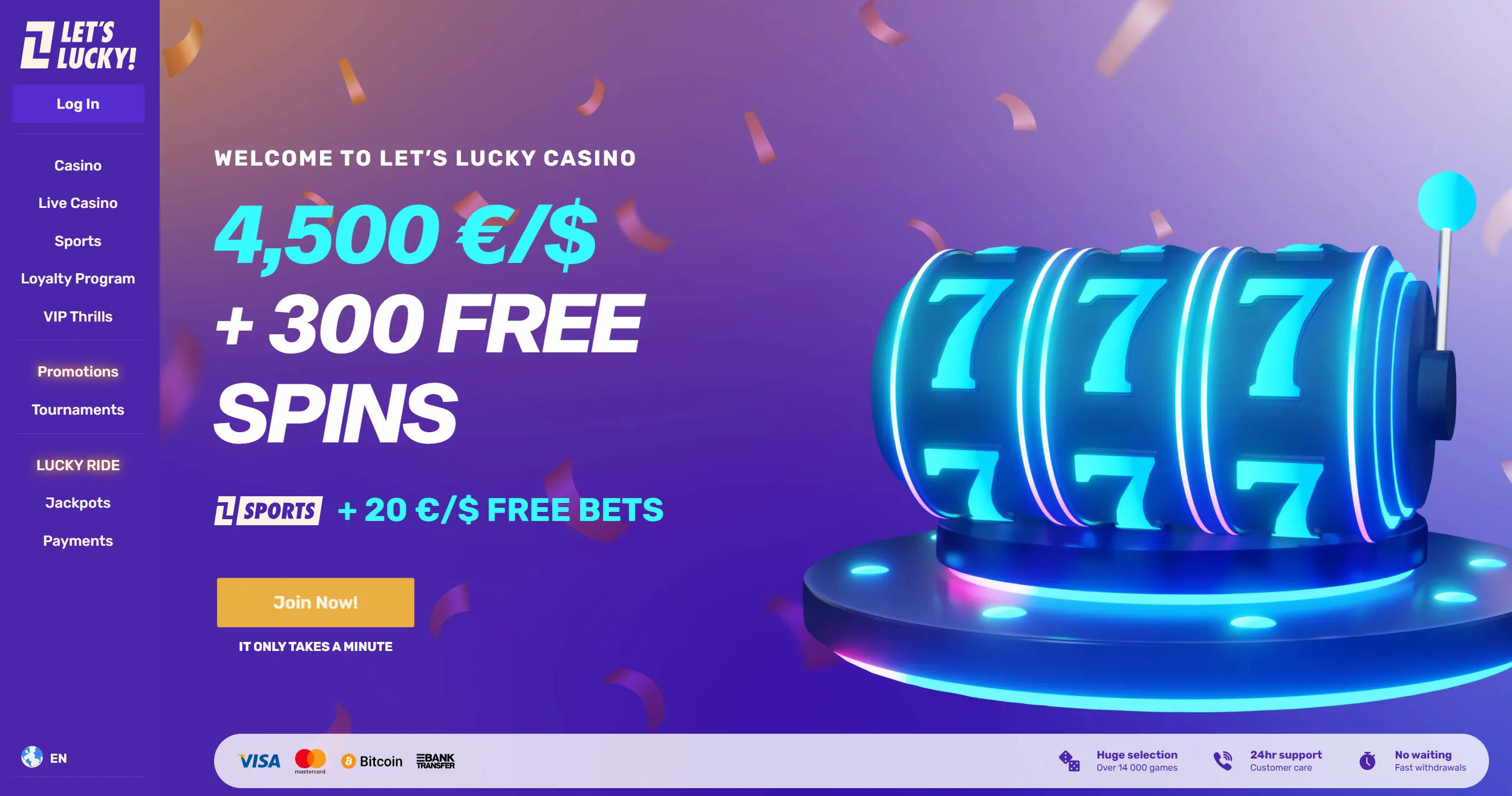 Lets Lucky casino page showing welcome offer and site main navigation