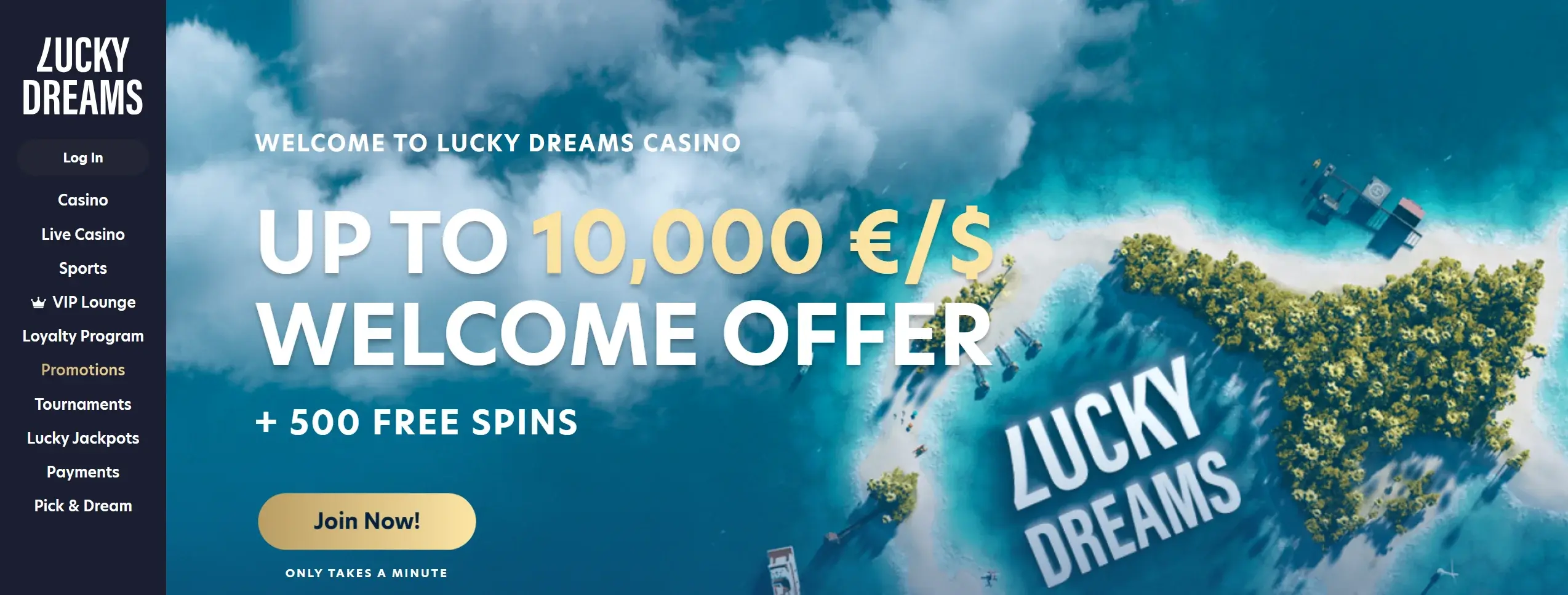 Lucky Dreams casino page showing welcome offer and site navigation